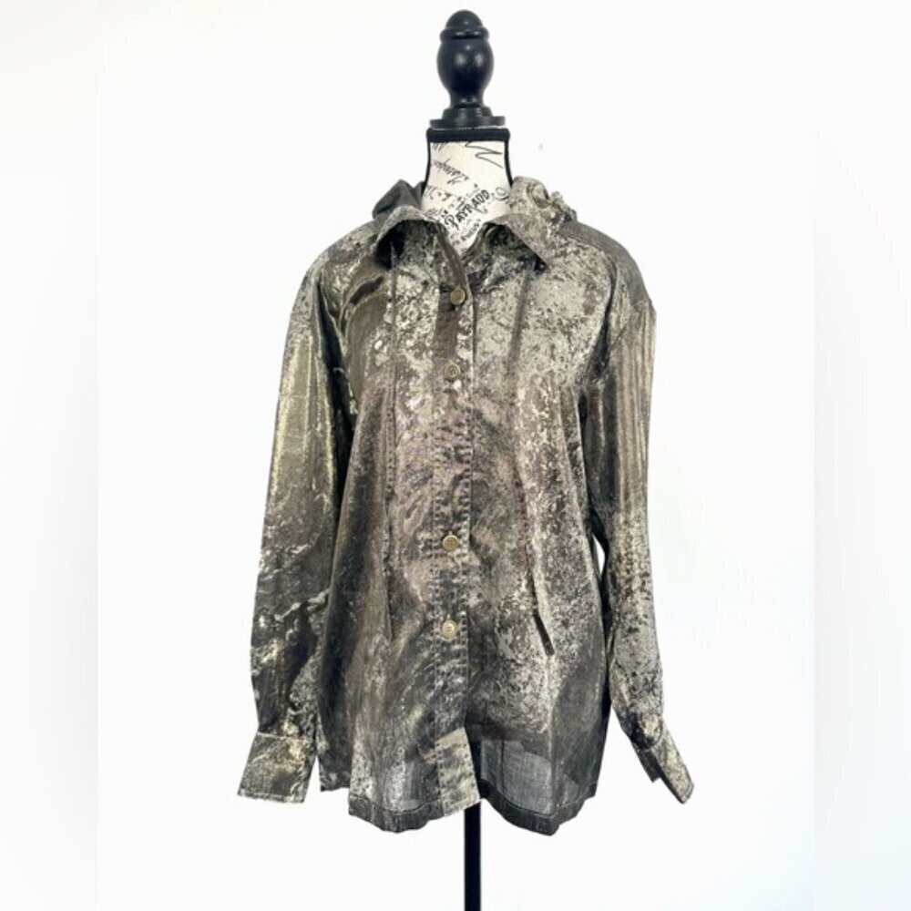 Vintage Escada Metallic Wool and Silk Blend Hooded Button Down Blouse